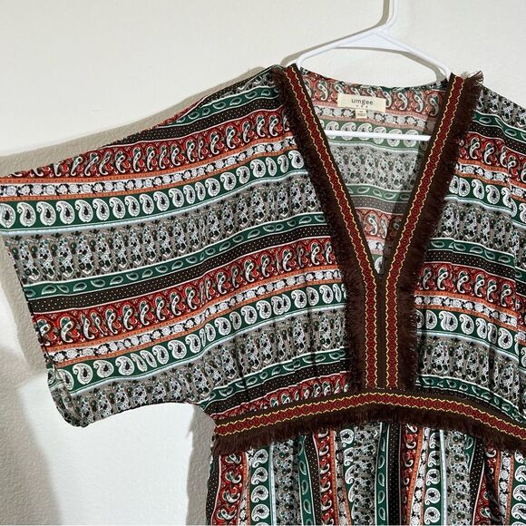 Umgee USA Boho Multicolor Paisley Print Tunic Top with Fringe Accents, Size M - Picture 2 of 7